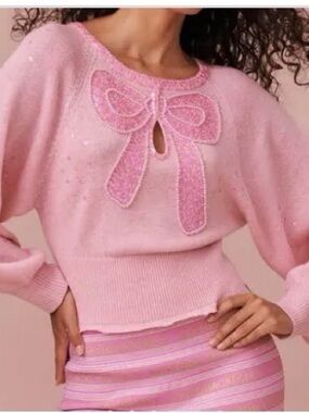LoveShackFancy Doodle embellished sweater light pink w/ pearls size small sz S